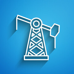 White line Oil pump or pump jack icon isolated on blue background. Oil rig. Long shadow. Vector