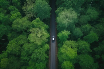 Obraz premium Aerial view green forest with car on the asphalt road, Car drive on the road in the middle of forest trees, Forest road going through forest with car.