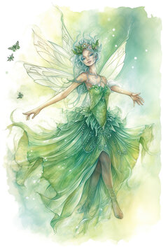 Watercolor Painting of a Green Fairy, ai art