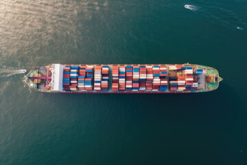 Fototapeta premium Aerial view container cargo ship in import export global business commercial trade logistic transportation of international by container cargo ship, Container cargo freight shipping at industrial port
