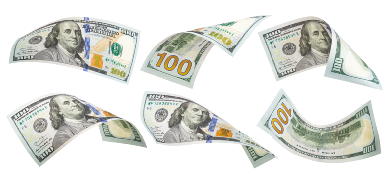 American dollar, 100, isolated on white background, full depth of field