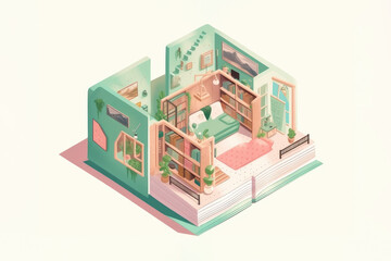 Fototapeta na wymiar Isometric view of bedroom for children in pastel colors with bookcases and potted flowers, created with Generative AI