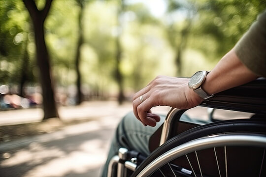 Hand of a lonely young man in a wheelchair in the park at summer, created with Generative AI