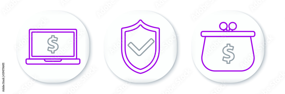 Poster set line wallet with with dollar symbol, laptop and shield check mark icon. vector
