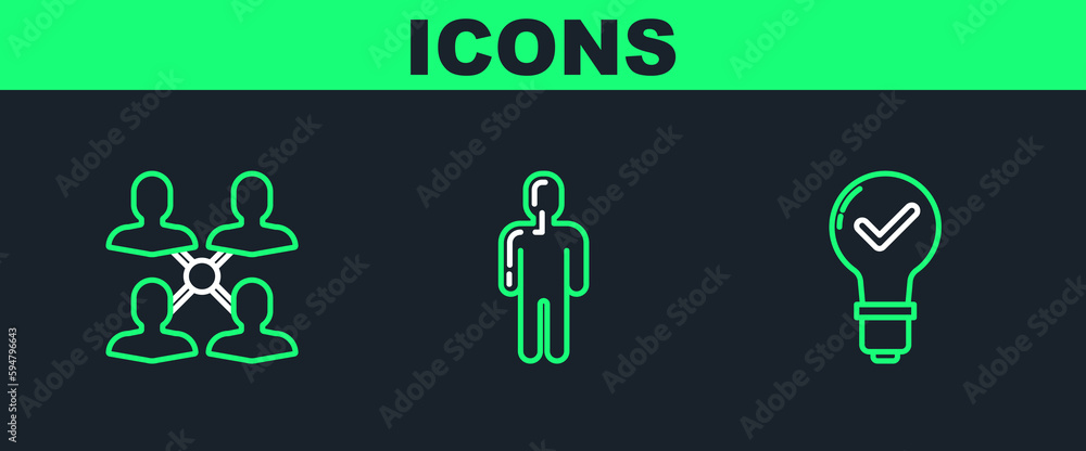 Aufkleber set line light bulb and check mark, project team base and user of man in business suit icon. vector