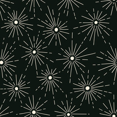Galaxy Star Burst Hand-Drawn Vector Seamless Pattern. Festive Fireworks Background. Abstract Geometric Celebration Texture