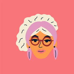 Portrait of cute blonde woman with Hairband and glasses. Avatar of European female character isolated on background. Hand drawn vector illustration for postcards, posters, social network.