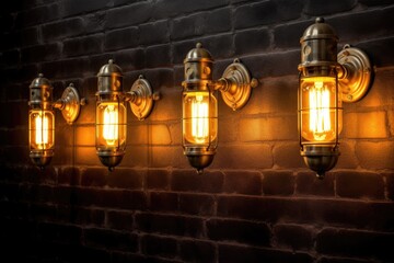 Antique wall lamps with exposed light bulbs adorn a red brick wall  Generative Ai