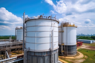 Obraz premium Oil refinery plant from industry zone, Oil and gas petrochemical industrial with tree and blue sky background, Refinery factory oil storage tank and pipeline steel, Ecosystem and healthy environment