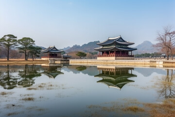 Fototapeta na wymiar Gyeongbok palace in Seoul City, Gyeongbokgung palace landmark of Seoul, South Korea, Korean wooden traditional house in Gyeongbokgung the main royal palace of Joseon dynasty