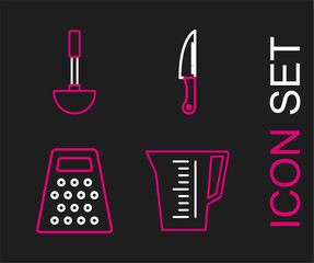 Set line Measuring cup, Grater, Knife and Kitchen ladle icon. Vector