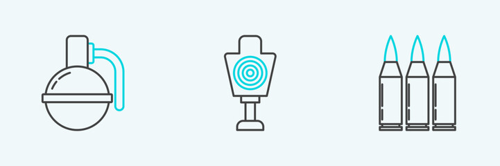 Set line Bullet, Hand grenade and Human target sport for shooting icon. Vector