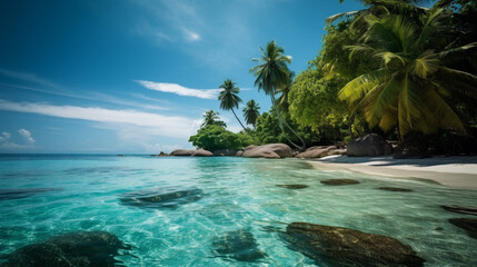 Plakat Sonniger Strand mit türkisem Meer und grünen Palmen und blauem Himmel. 