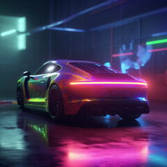 Photorealistic sports car in neon lighting. High quality illustration