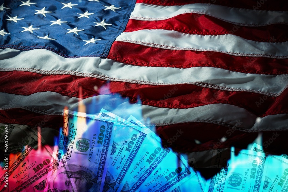 Canvas Prints Stock market graph and USA flag with money background.