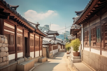 Fototapeta premium Bukchon Hanok Village in Seoul City, Traditional Korean style ancient architecture building, Seoul, South Korea