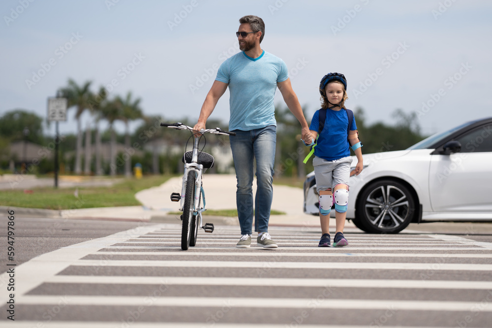 Poster Safety on road. Pedestrian crossing for cyclists. Father and son ride a bicycle. Father support and helping son. Fathers day concept. Father and son friends. Child care.