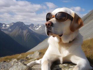 Fototapeta na wymiar Adorable pet dog with eyeglasses on top of mountain. Adventure trip.
