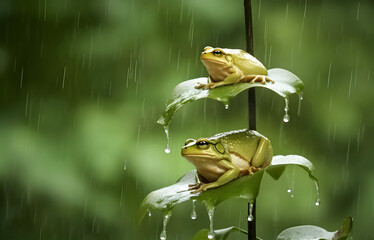 Two green frogs on leaves of plant during rainy season.