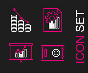 Set line Safe, Board with graph chart, Document and Pie infographic and coin icon. Vector