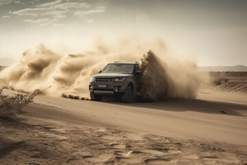 Fototapeta na wymiar Motion the wheels tires off road dust cloud in desert, Offroad vehicle bashing through sand in the desert