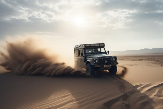 Motion the wheels tires off road dust cloud in desert, Offroad vehicle bashing through sand in the desert