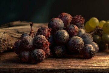 Rotten grapes on a wooden table. Dim studio light. Generate AI.