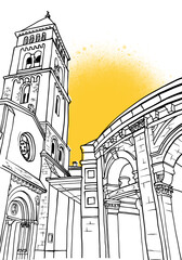 Old architecture of Jerusalem. Israel. Hand drawn line sketch. Urban landscape on yellow. Line art. Ink drawing.