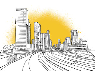 Urban landscape. Nice view on the modern Tel Aviv. Israel. Black and white sketch. Hand drawing vector illustration on yellow.	