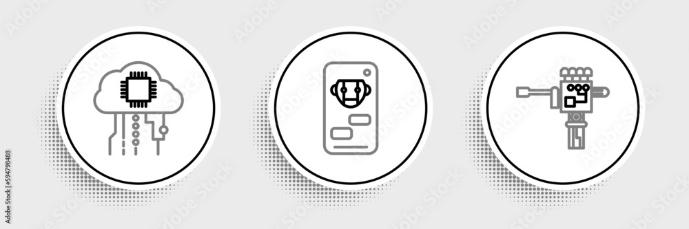 Poster set line mechanical robot hand and screwdriver, internet of things and bot icon. vector