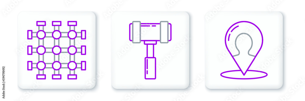 Poster set line map marker with a silhouette of a person, prison window and judge gavel icon. vector
