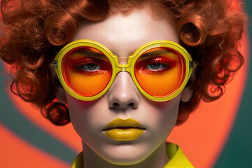 Fototapeta premium a woman with red hair and yellow glasses Generative AI