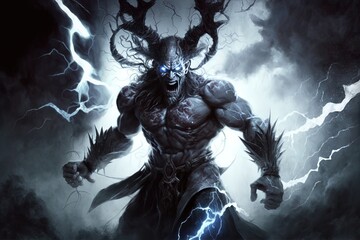 a man with horns and horns standing in front of a lightning storm Generative AI