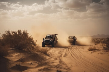 Fototapeta premium Off road vehicle motion the wheels tires off road dust cloud in desert, Offroad vehicle bashing through sand in the desert, off oad racing