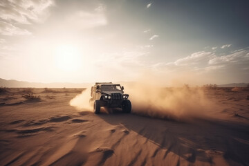 Fototapeta na wymiar Off road vehicle motion the wheels tires off road dust cloud in desert, Offroad vehicle bashing through sand in the desert, off oad racing