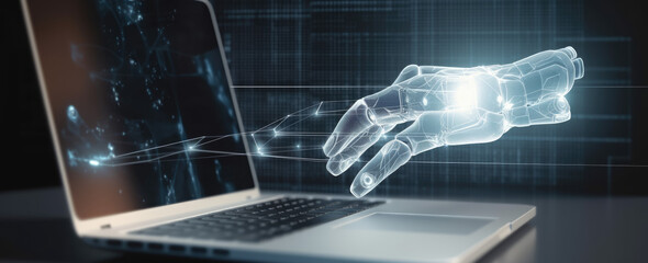 Robot hand using a laptop, generative ai illustration