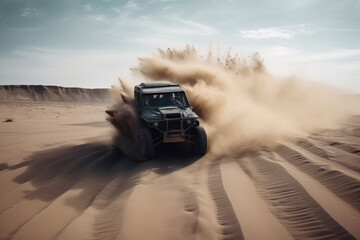 Off road vehicle motion the wheels tires off road dust cloud in desert, Offroad vehicle bashing through sand in the desert, off oad racing