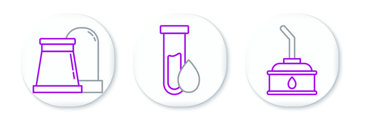 Set line Canister for motor machine oil, Oil and gas industrial factory building and petrol test tube icon. Vector
