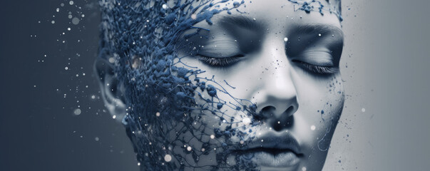 Close-up on a blue and grey android face made with electronic components and circuits, artificial intelligence concept, generative ai illustration