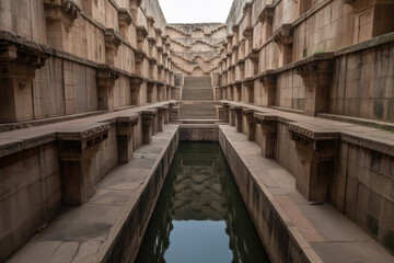 Obraz premium Ancient Indian step well in Jaipur, India, Architecture of stairs at Abhaneri Baori step well in Jaipur, Rajasthan, India