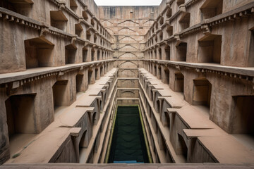 Ancient Indian step well in Jaipur, India, Architecture of stairs at Abhaneri Baori step well in Jaipur, Rajasthan, India