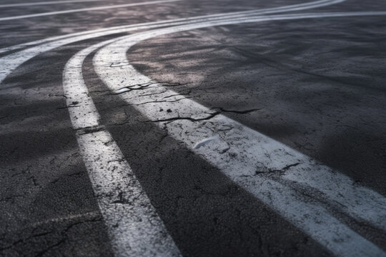 Aerial view tire track mark on asphalt tarmac road race track texture and background, Abstract background black tire track skid on asphalt road, Tire mark skid mark on asphalt road