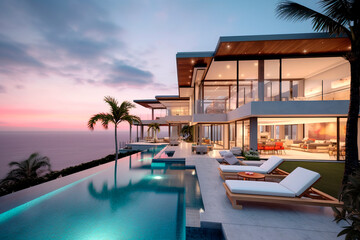 Fototapeta premium Sea view.Luxury modern white beach hotel with swimming pool. Sunbed on sundeck for vacation home or hotel. Generative ai Edited 