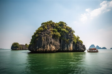 Naklejka premium Hon Ga Choi Island or Hen, Fighting Island located in Halong bay, Vietnam, Trong Mai island, Southeast Asia, Junk boat cruise Ha Long Bay, Popular landmark, famous destination Vietnam