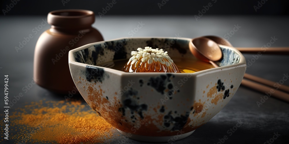 Poster macro shot of a dish of honey sitting on a table generative ai