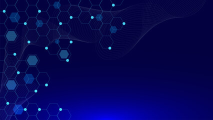 Abstract hexagonal with glowing particles and wave flow on dark blue for medical DNA research molecule concept background.