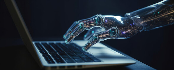 Robot hand using a laptop, generative ai illustration