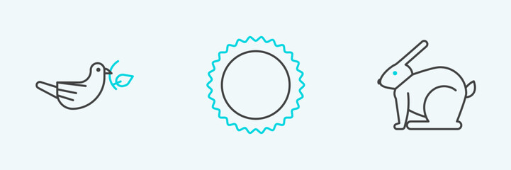Set line Easter rabbit, Peace dove with olive branch and Sun icon. Vector