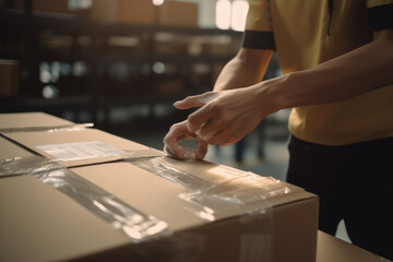 Fototapeta na wymiar Warehouse worker checking damaged package in distribution center, Warehouse worker or courier holds damaged parcel