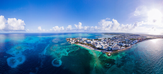 aerial panorama of San Andres islands, department of Colombia with blue sea and coral reef
